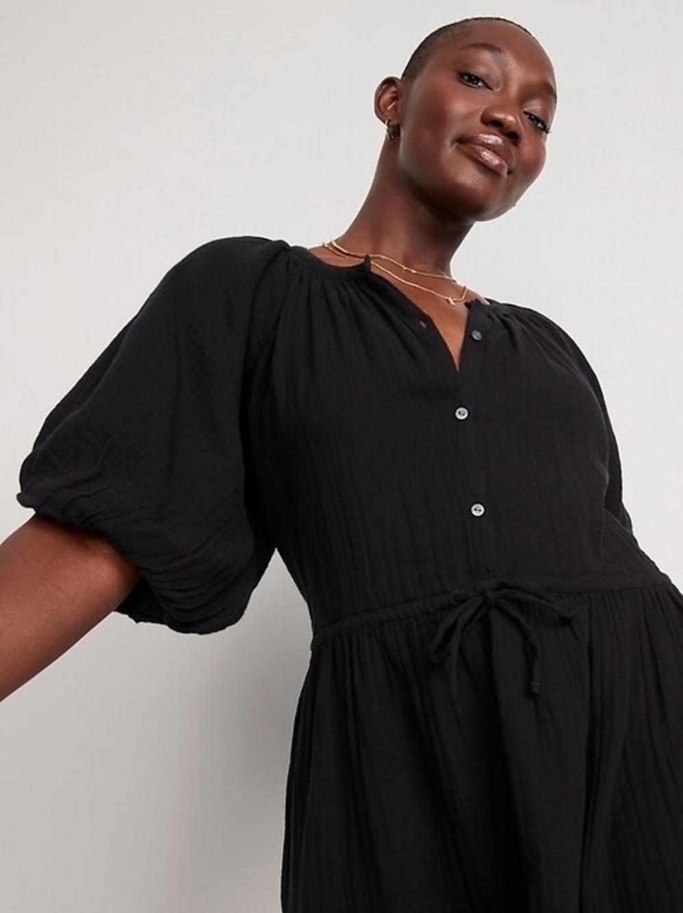 🖤Lantern Sleeve Button Up Tunic Shirtwaisy Dress Black 100% Cotton Old Navy Med